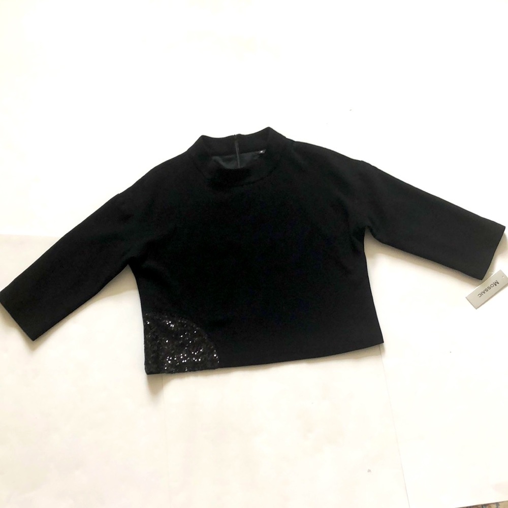 Mossaic 16 Black Top mock collar zipper back sequin detail Excellent Condition